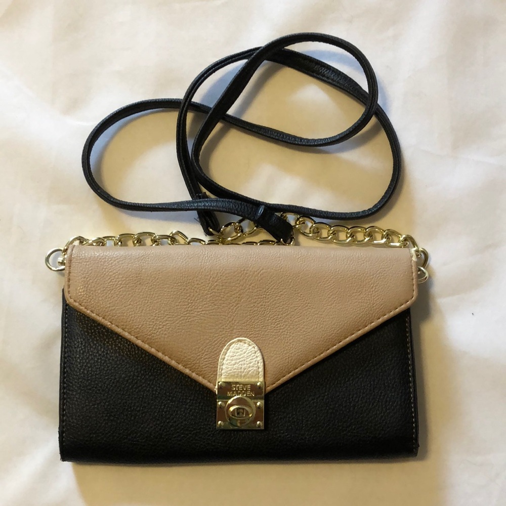 Steve Madden Black and Tan Cross Body Clutch with Removable Chain Strap